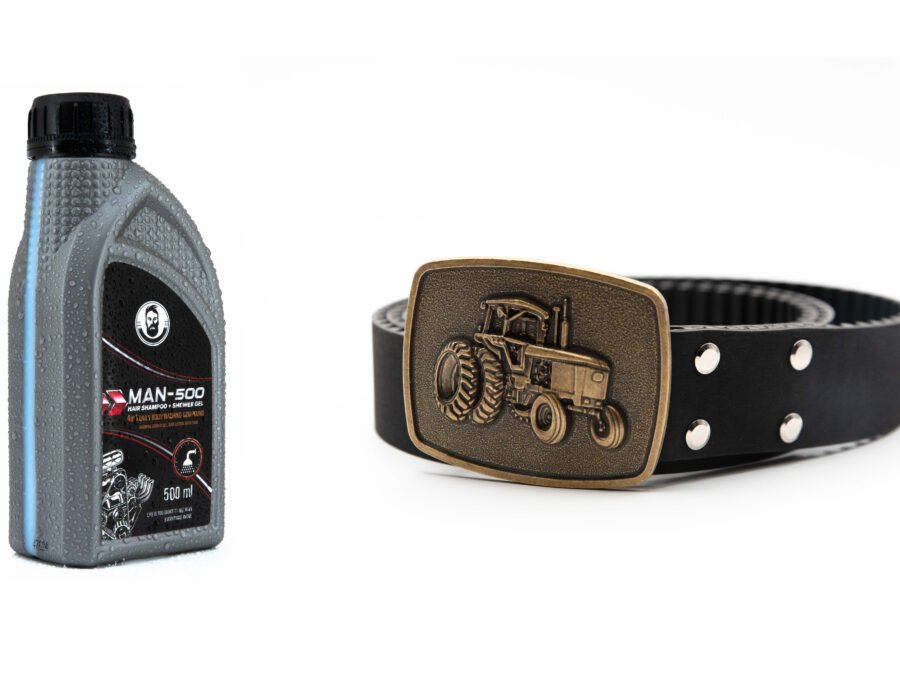 paskirstymo diržas su traktoriaus atvaizdo įspaudžiama sagtimi