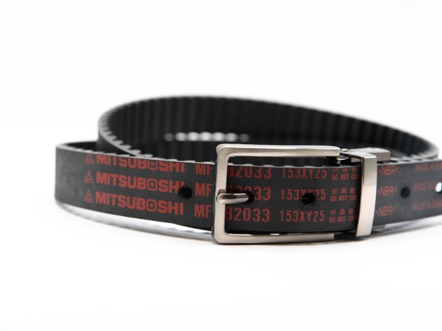 Belt2belt automatic buckle belt made from a black Mitsuboshi timing belt, showcasing a sleek, no-holes design and quality industrial style.